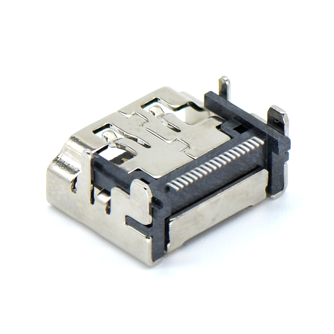 HDMI连接器A TYPE Female 90°SMT贴板 LCP黑胶 四脚插板 CH=3.3mm