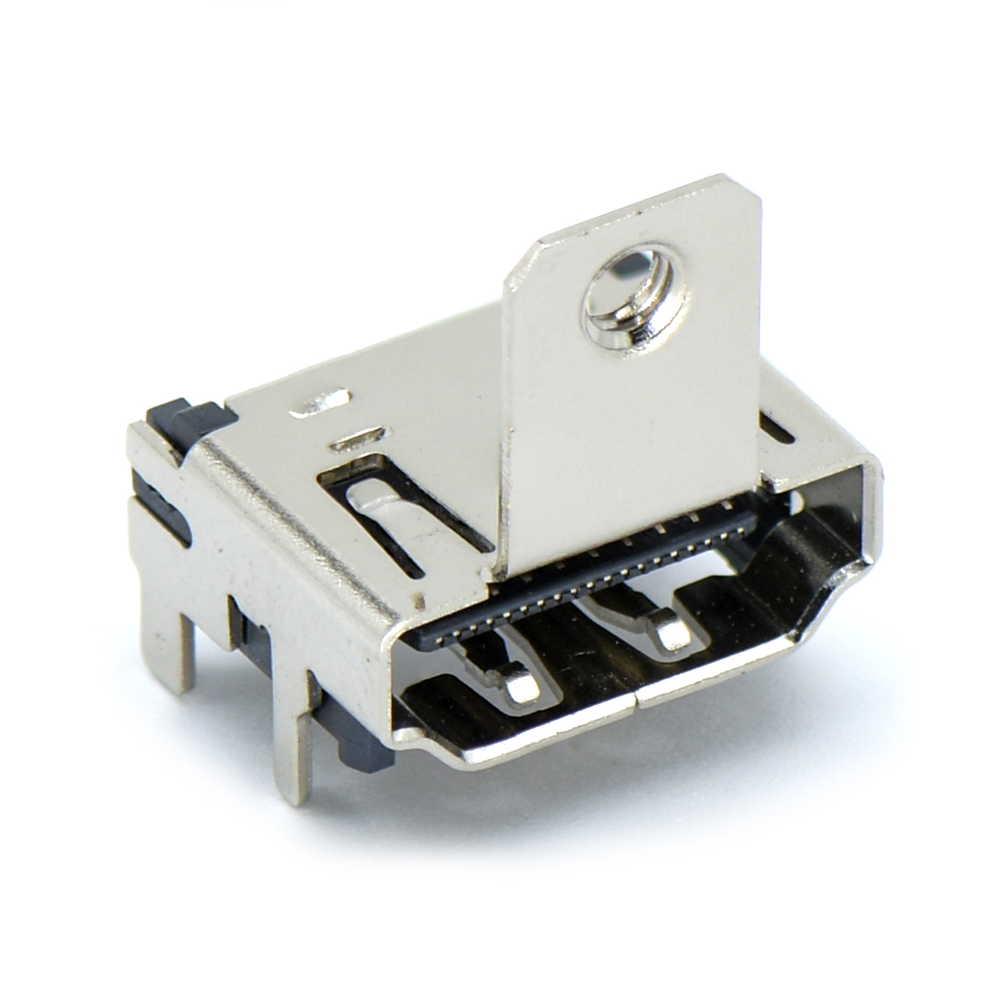 HDMI连接器A TYPE 母头 90°SMT 黑胶 外壳四脚插板 带法兰