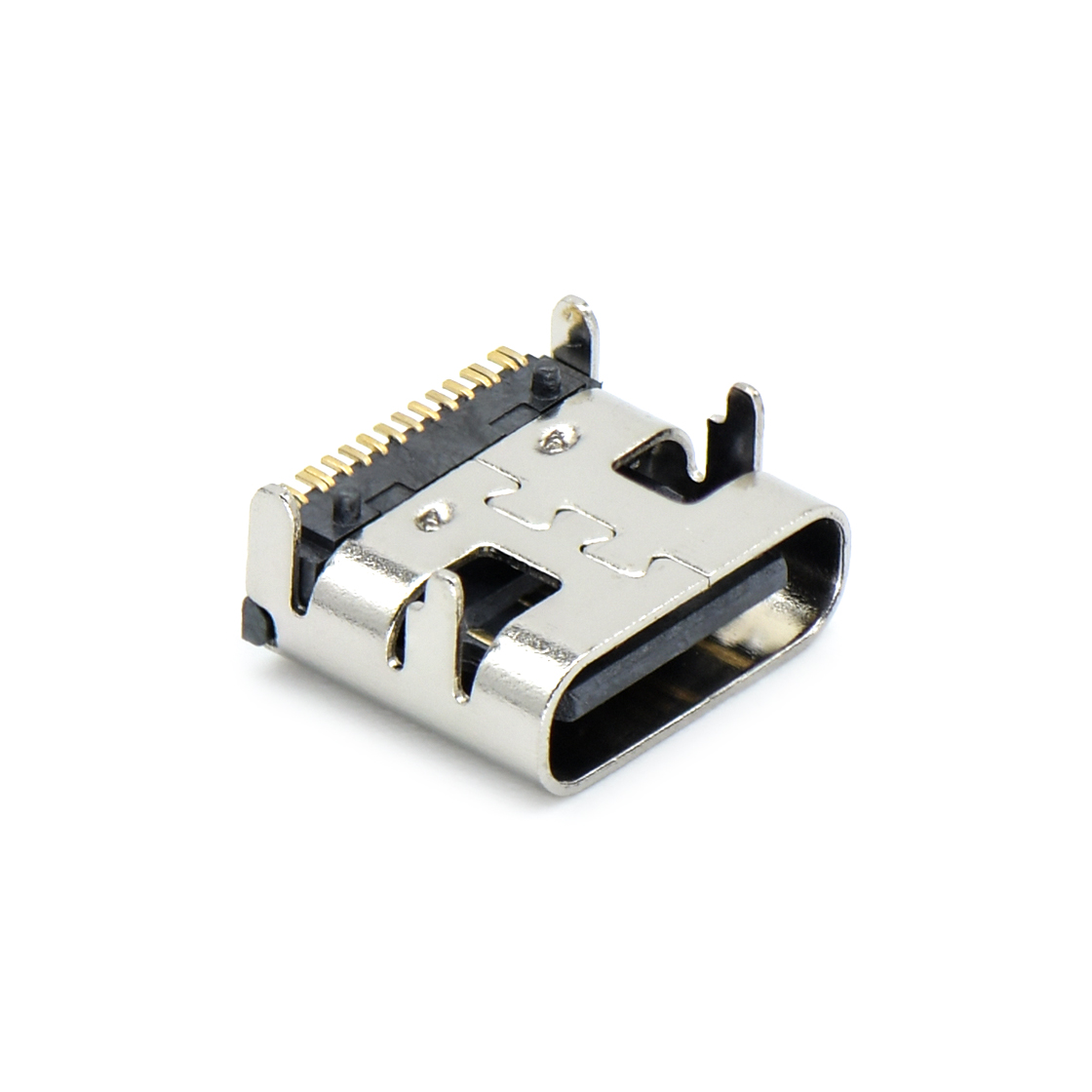 USB连接器Type-C 16P/F SMT 贴板式 外壳四脚插板 脚高1.1mm 有柱 L=7.35mm 无弹