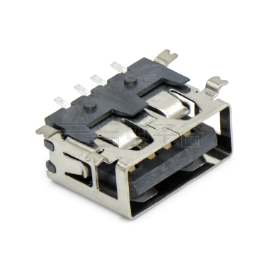 USB2.0 AF SMT贴板式 短体10.0mm 四脚贴板 有柱平口 铁壳镀镍 G/F PBT黑色 电流1.5A