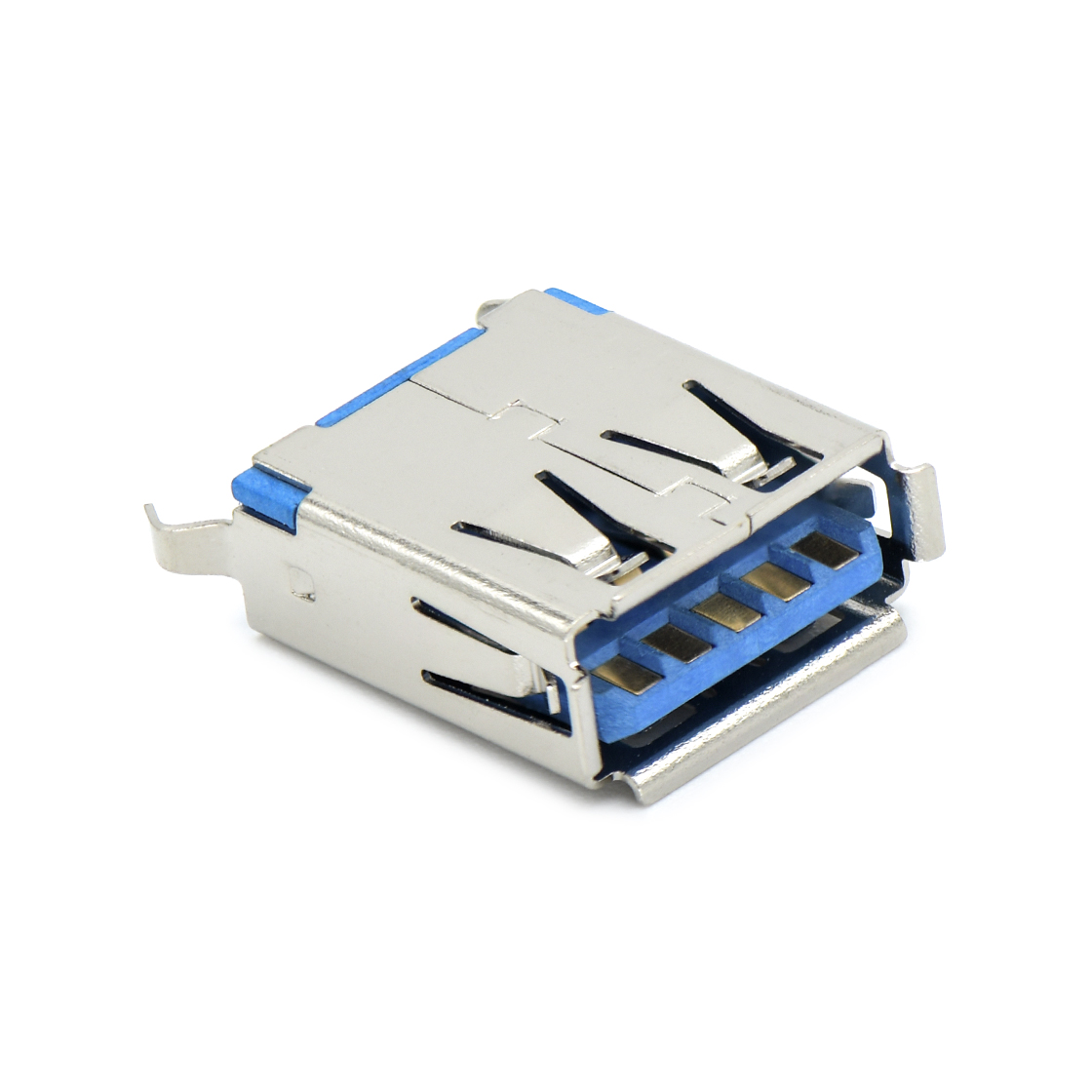 USB3.0 AF 单层 立插 L=15.0mm 打青蛙脚 有边 不锈钢镀镍 G/F LCP蓝色 电流1.5A