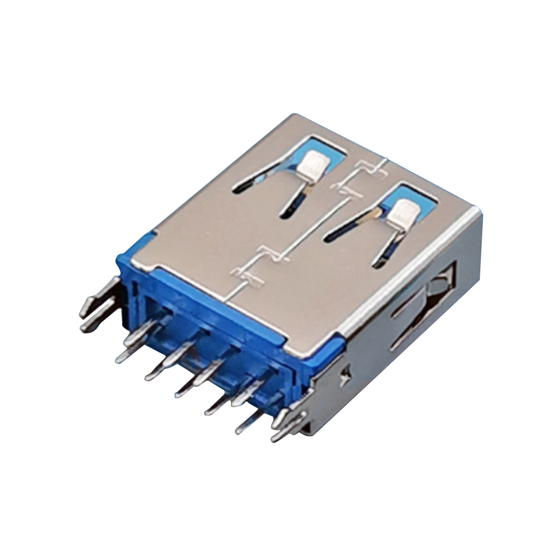 USB连接器USB3.0 AF 180度插板 鱼叉脚 平口 L=15.0铜壳镀镍G/F PBT蓝色