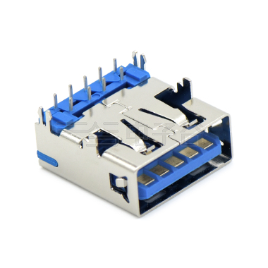 USB3.0 AF 单层 DIP插板式 四脚插板 无边 不锈钢镀镍 G/F LCP蓝色 电流1.5A