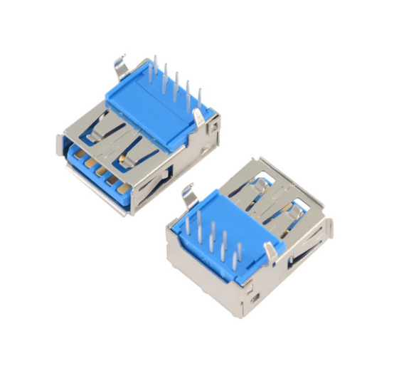 USB连接器USB3.0 AF 90度插板弯脚有边不锈钢镀镍G/F PBT蓝色