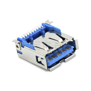 USB3.0 AF 单层 SMT贴板式 两脚贴板 带定位柱 有边 不锈钢镀镍 G/F LCP蓝色 电流1.5A