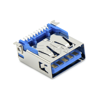 USB3.0 AF 单层 SMT贴板式 两脚贴板 带定位柱 无边 不锈钢镀镍 G/F LCP蓝色 电流1.5A