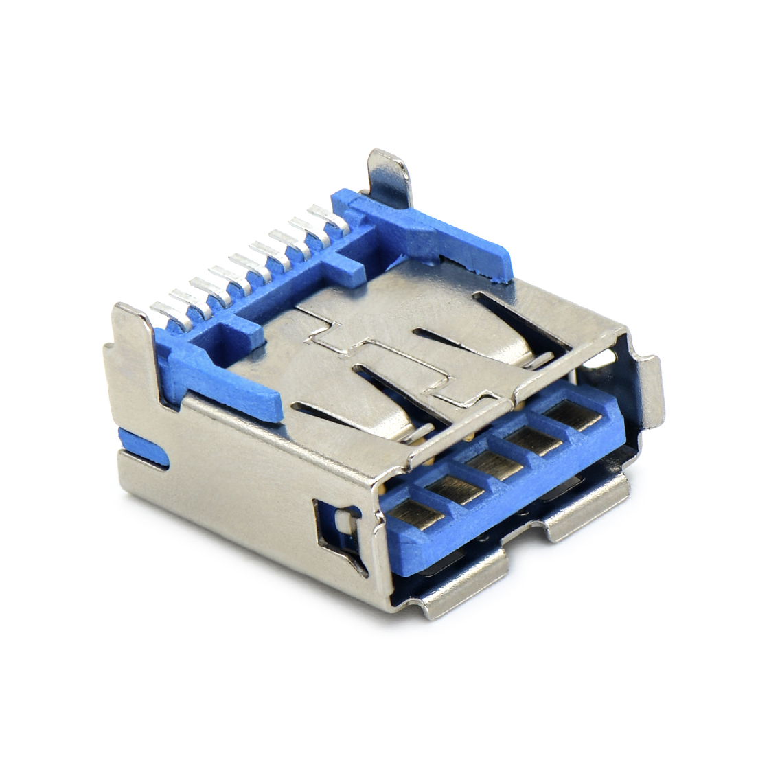 USB3.0 AF 单层 SMT贴板式 两脚插板 脚高2.0mm 有边 铜壳镀镍 G/F LCP蓝色 电流1.5A