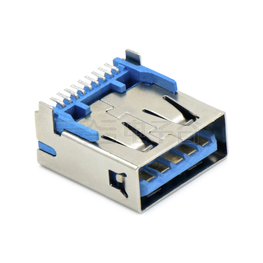 USB3.0 AF 单层 SMT贴板式 两脚插板 脚高2.0mm 无边 铜壳镀镍 G/F LCP蓝色 电流1.5A