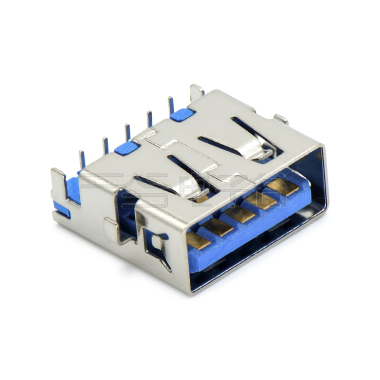 USB3.0 AF 单层 DIP沉板式2.86mm 四脚插板 两脚中心距6.6mm 无边 不锈钢镀镍 G/F LCP蓝色 电流1.5A