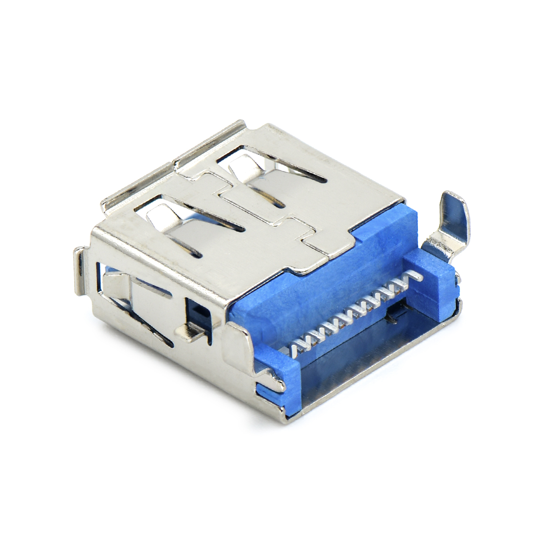 USB3.0 AF 单层 SMT沉板式3.5mm 外壳脚前贴后插 中心距4.0mm 有边 不锈钢镀镍 G/F LCP蓝色 电流1.5A