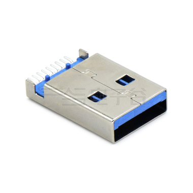 USB3.0 AM SMT沉板式1.9mm L=18.75mm 带定位柱0.8mm 铁壳镀镍 G/F LCP蓝色 电流1.5A